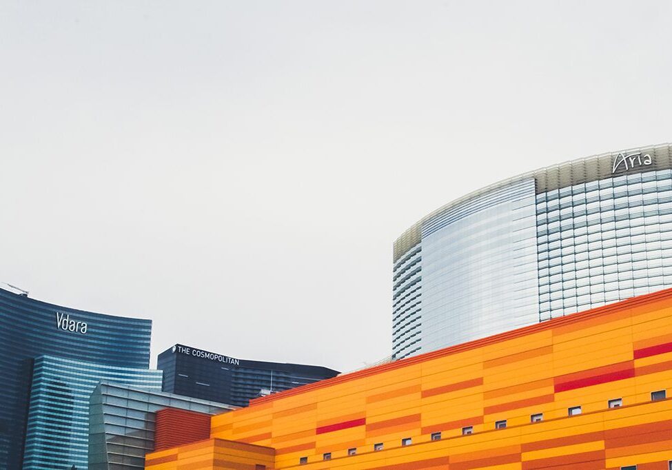 Modern buildings with colorful geometric design.